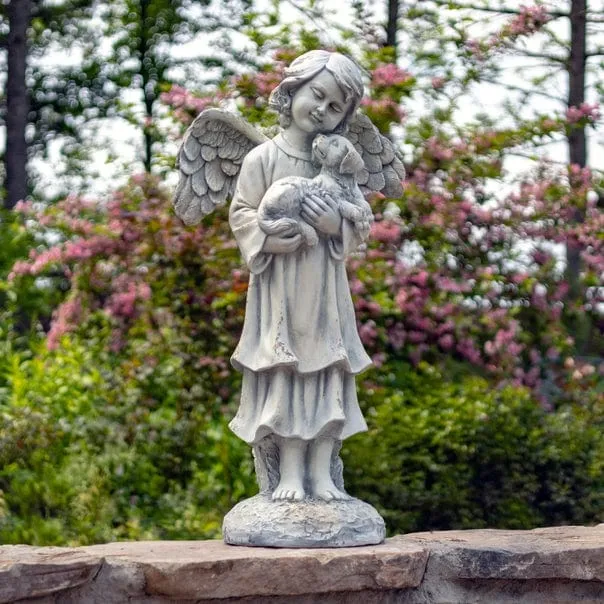 39" Tall Magnesium Angel Statue Holding Dog- Antique White