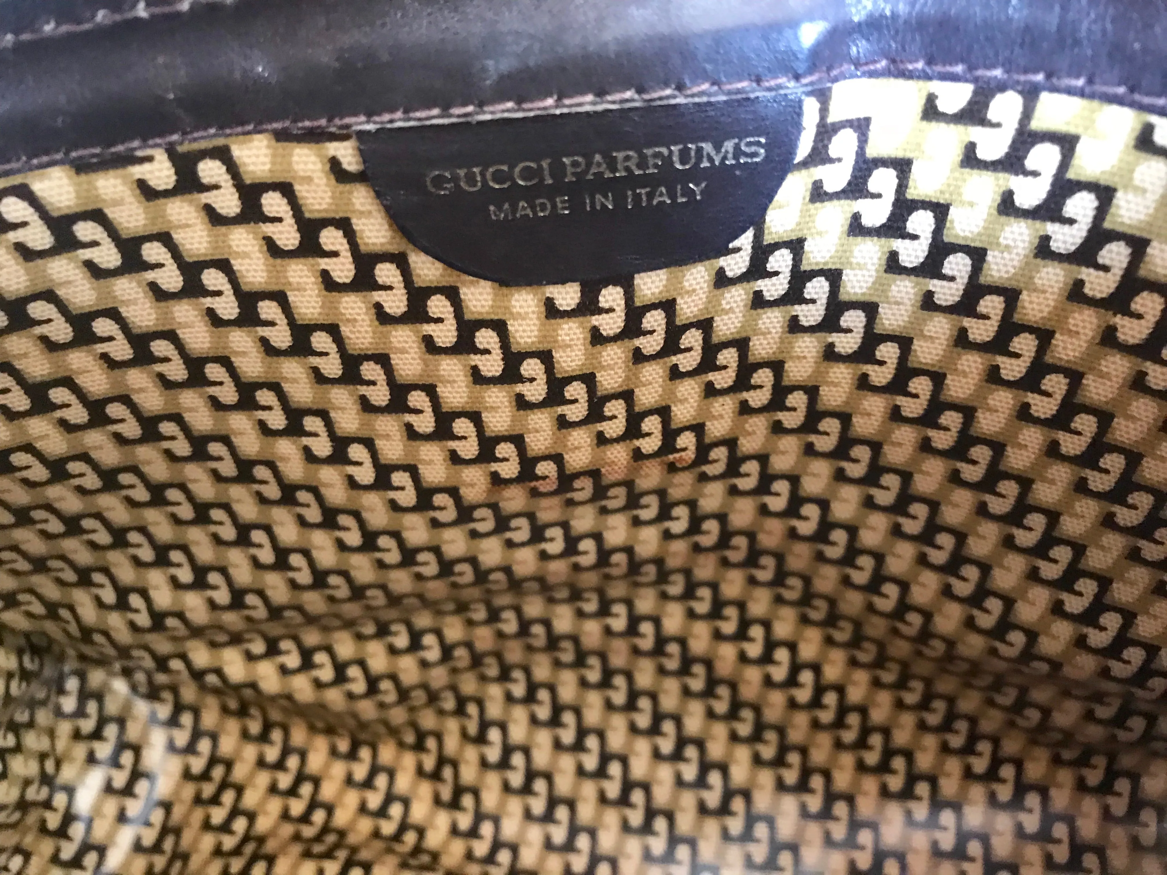 80's Vintage Gucci brown suede leather classic makeup, cosmetic, toiletry pouch, clutch purse  with green and red webbing. Gucci Parfums.