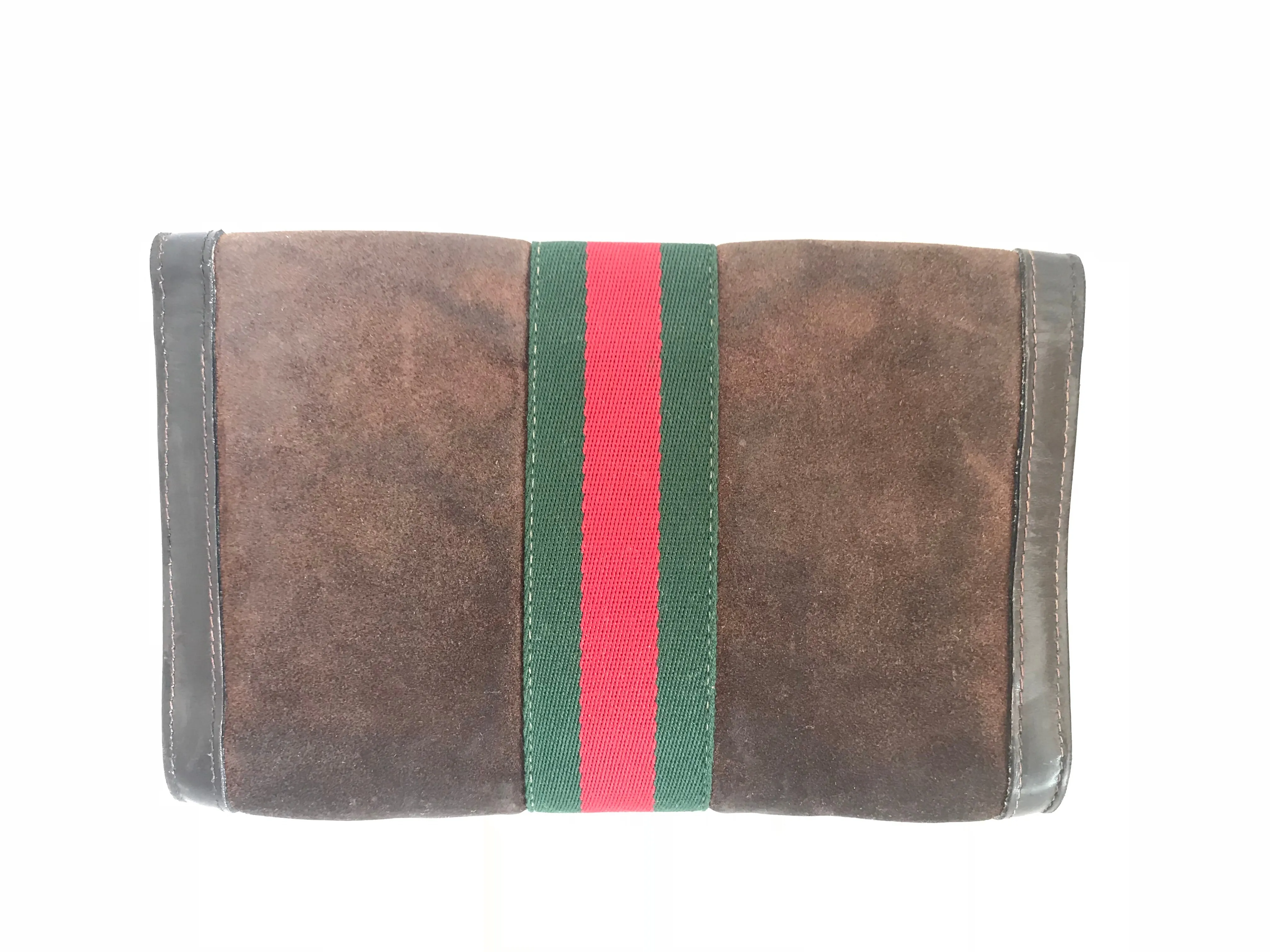 80's Vintage Gucci brown suede leather classic makeup, cosmetic, toiletry pouch, clutch purse  with green and red webbing. Gucci Parfums.