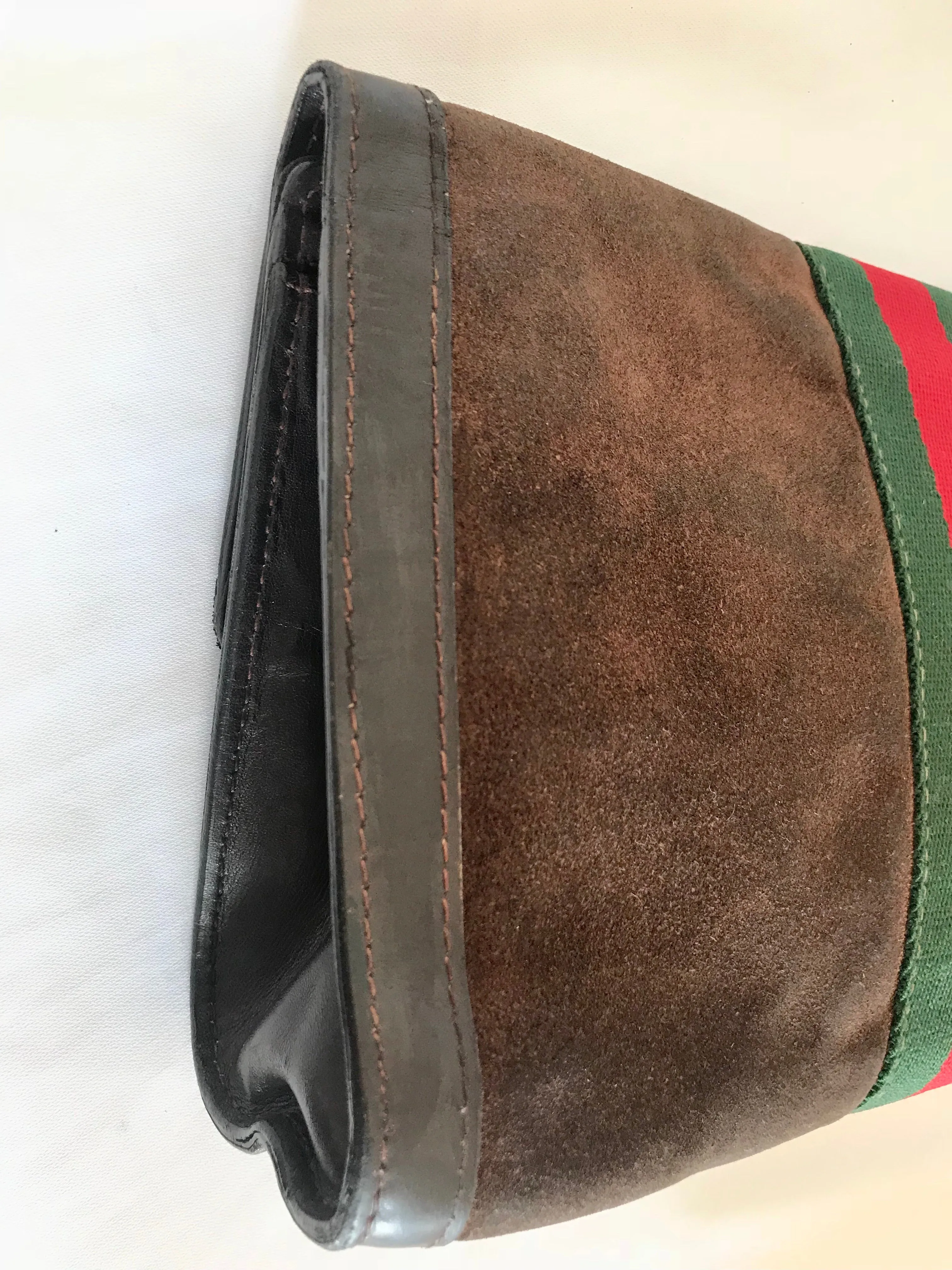 80's Vintage Gucci brown suede leather classic makeup, cosmetic, toiletry pouch, clutch purse  with green and red webbing. Gucci Parfums.