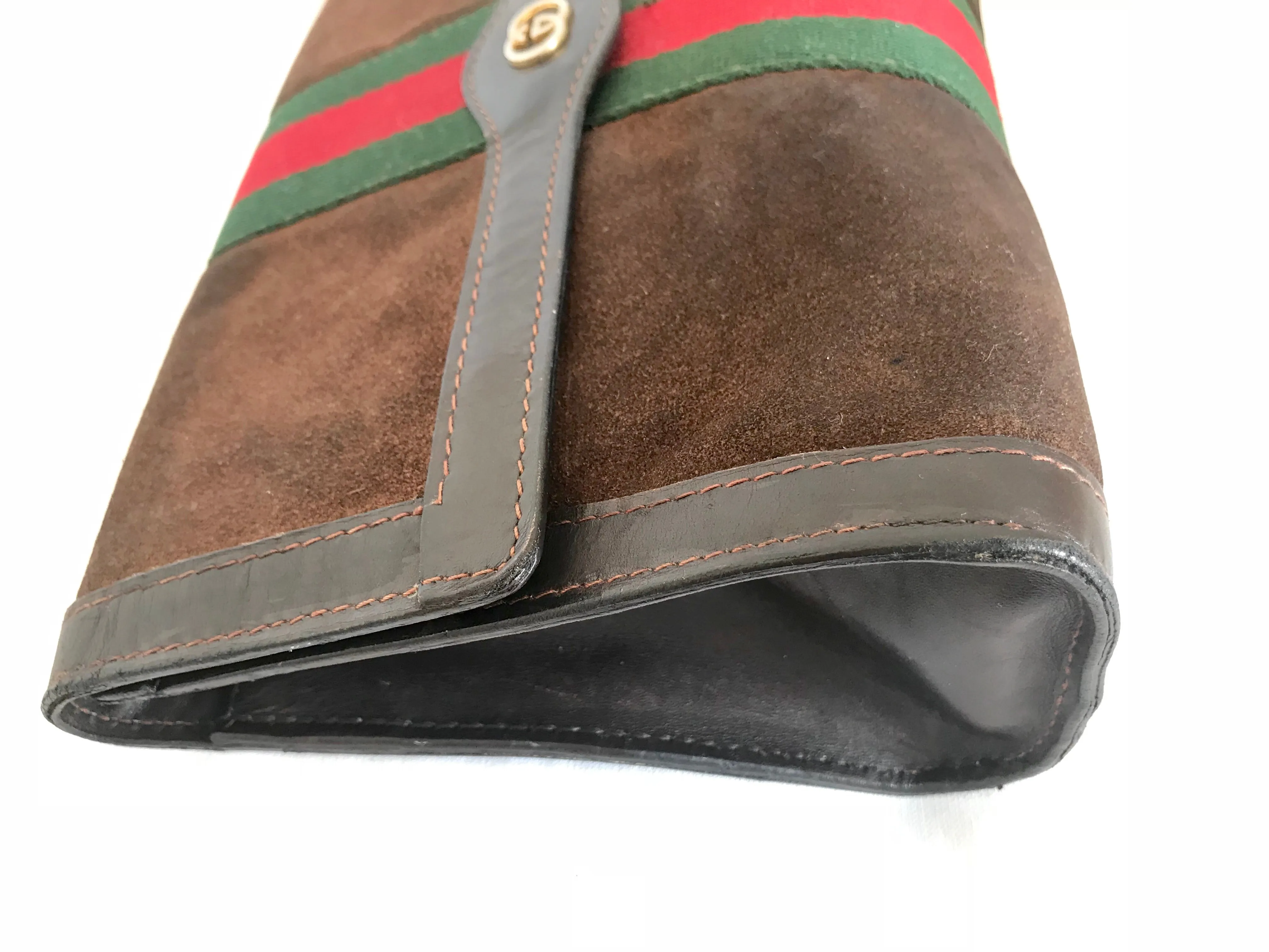 80's Vintage Gucci brown suede leather classic makeup, cosmetic, toiletry pouch, clutch purse  with green and red webbing. Gucci Parfums.