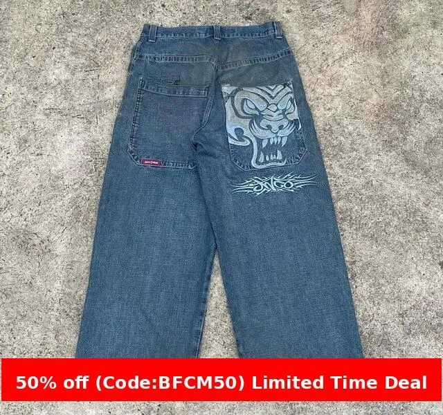 Amozae 1980s fashion trends E-Commerce Loose Jeans Hip Hop Rock Embroidery Street Retro Harajuku High Waist Wide Leg Jeans