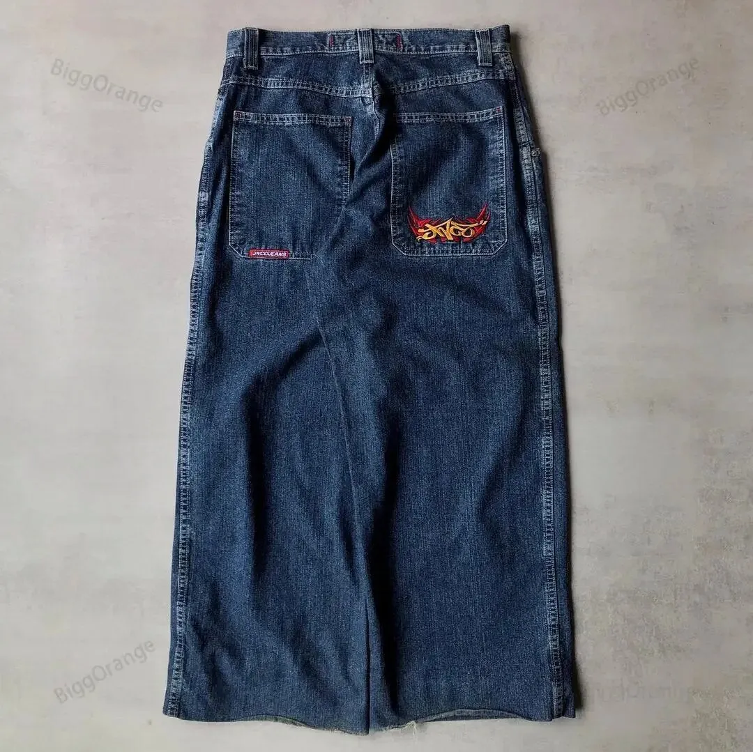 Amozae 1980s fashion trends E-Commerce Loose Jeans Hip Hop Rock Embroidery Street Retro Harajuku High Waist Wide Leg Jeans