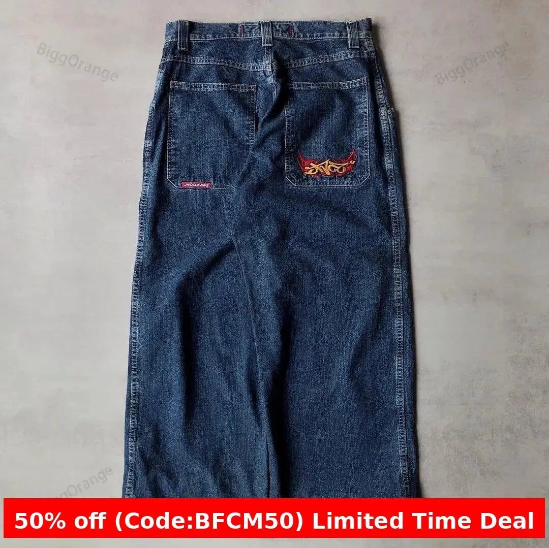 Amozae 1980s fashion trends E-Commerce Loose Jeans Hip Hop Rock Embroidery Street Retro Harajuku High Waist Wide Leg Jeans