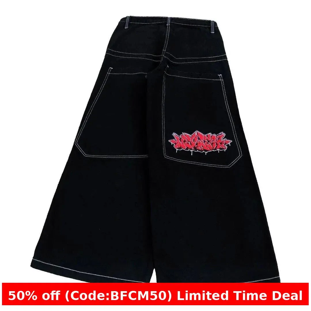 Amozae 1980s fashion trends E-Commerce Loose Jeans Hip Hop Rock Embroidery Street Retro Harajuku High Waist Wide Leg Jeans