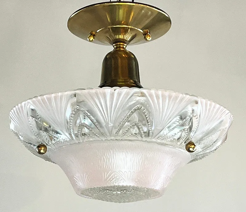 Antique Circa 1940 Pink and Clean Art Deco Leaf Patterned Flush Mount
