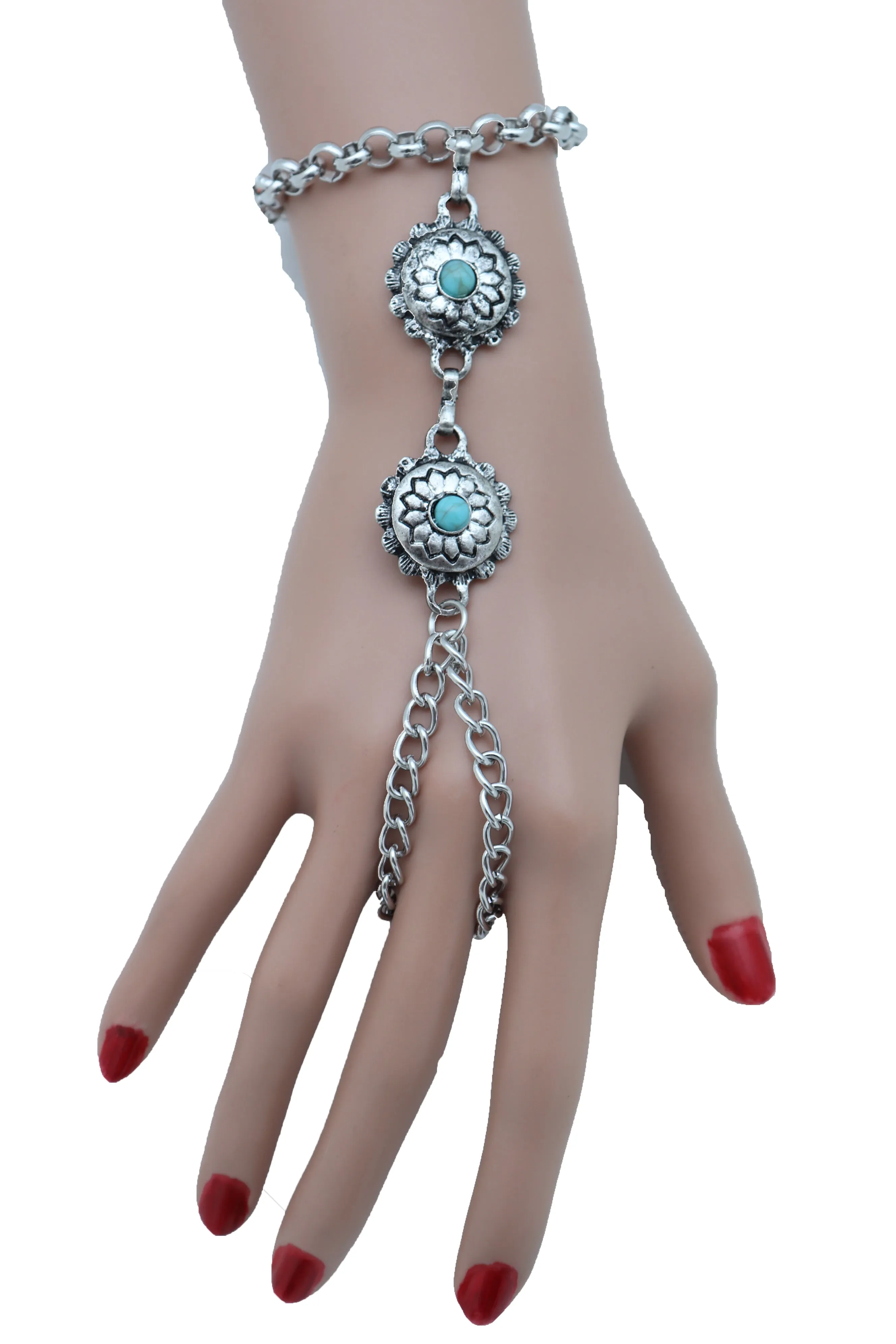 Antique Silver Hand Chain Bracelet Western Fashion Turquoise Blue Flowers