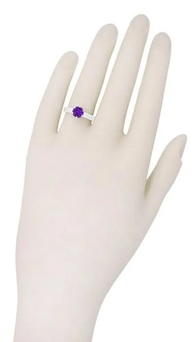 Art Deco Filigree Amethyst Crown Promise Ring in Sterling Silver With Carved Scroll Engraving