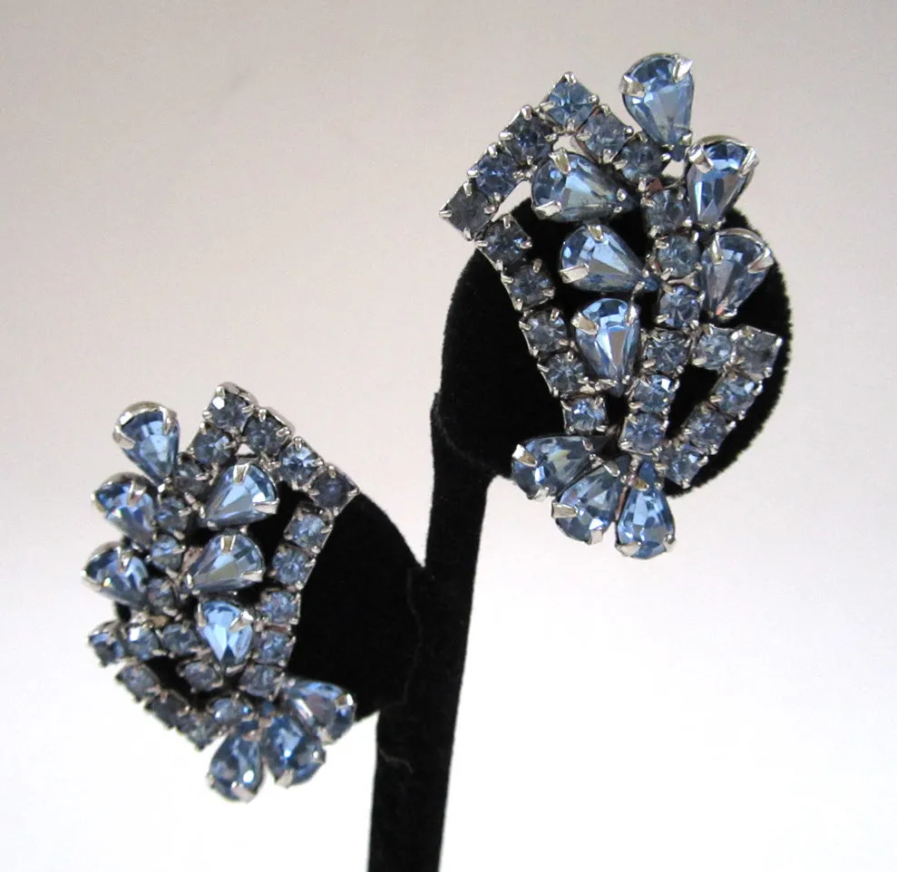 Circa 1950s Blue Rhinestone Fan Earrings