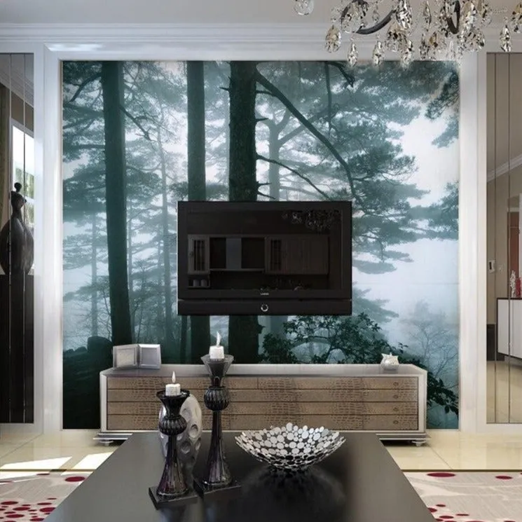 Custom Mural Wallpaper Foggy Forest Scenery (㎡)