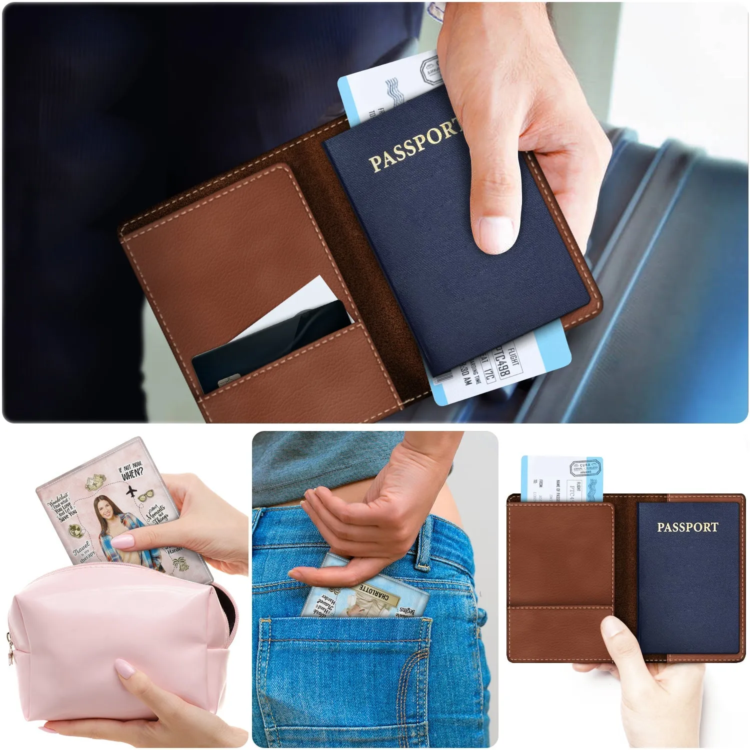 Custom Photo Work Hard Travel Harder - Birthday Gift For Him, Her, Traveling, Vacation Lovers - Personalized Passport Cover, Passport Holder