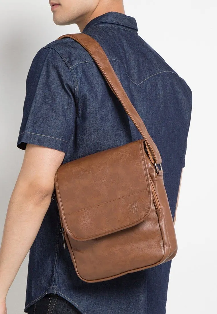 Distressed Leather Courier Crossbody Bag - Camel