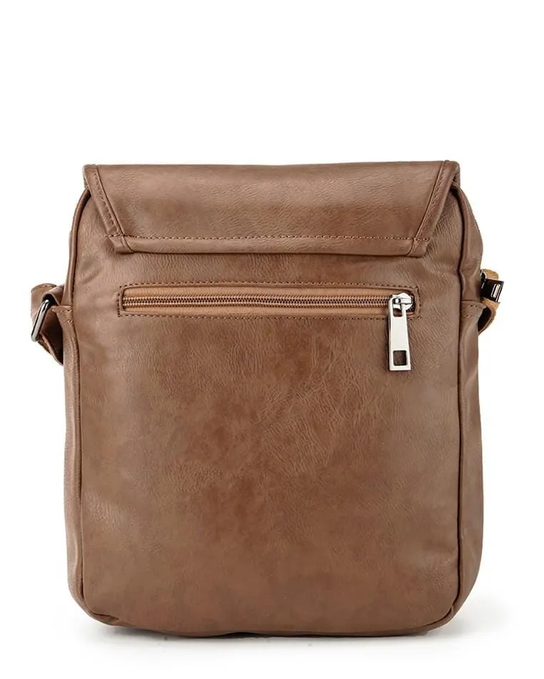 Distressed Leather Courier Crossbody Bag - Camel