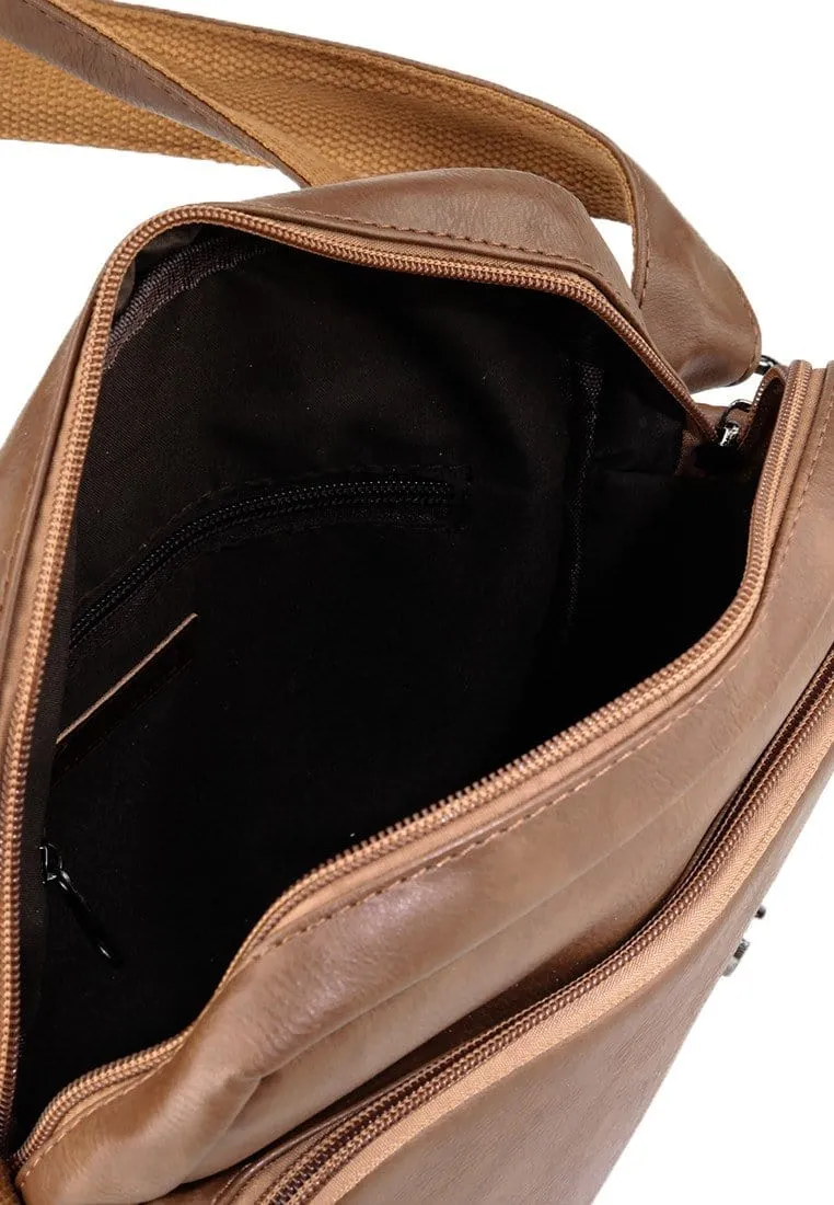 Distressed Leather Courier Crossbody Bag - Camel