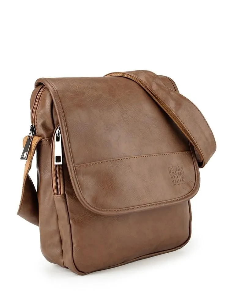 Distressed Leather Courier Crossbody Bag - Camel