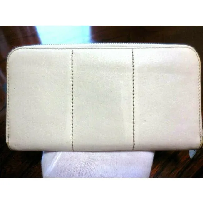 Ferragamo White Leather XL Wallet w Brown Contrast Stitching & Quilted Double Gancini Accent