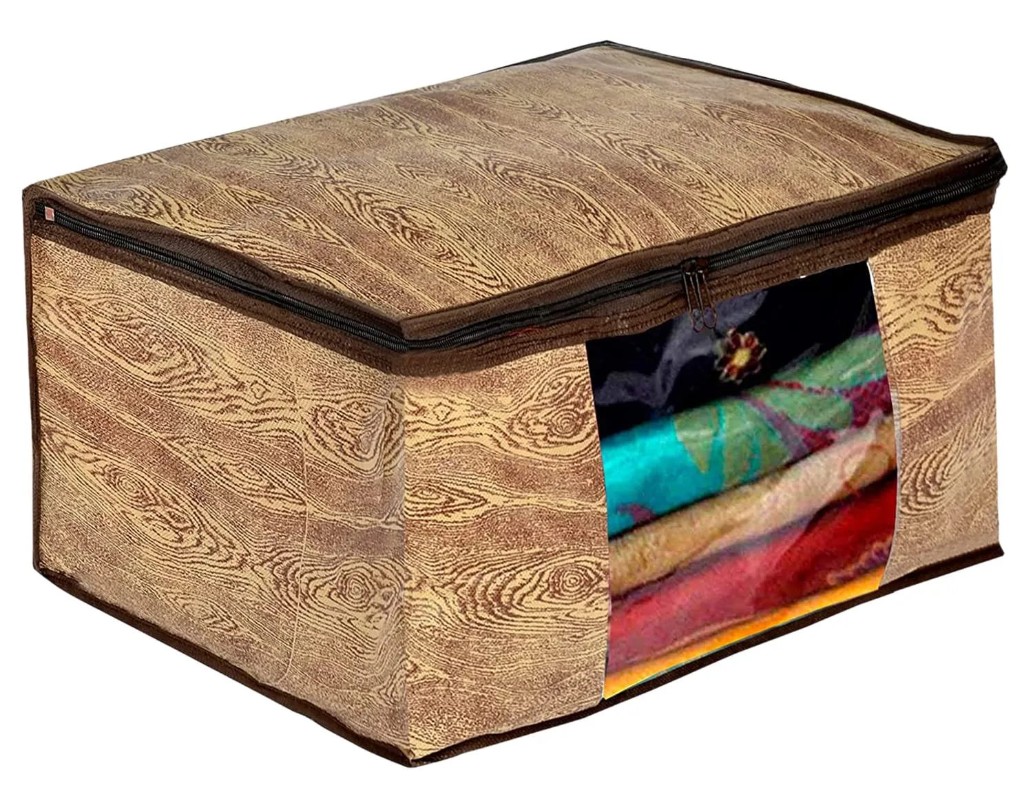 Heart Home Wooden Design Non-Woven Sarees, Clothes Cover/Organizer With Transparent Window- Pack of 9 (Brown)-44HH0390