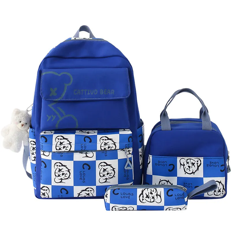 Kids Backpack With Lunch Box School Backpacks - Black Blue Pink Book Bags For Girls 3pcs Bag Set Bear Lunch Bag Stationery BookBag