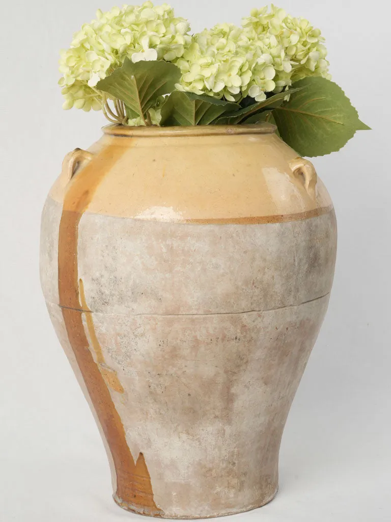 Large antique Mediterranean terracotta preserving pot w/ yellow ocher glaze 19"
