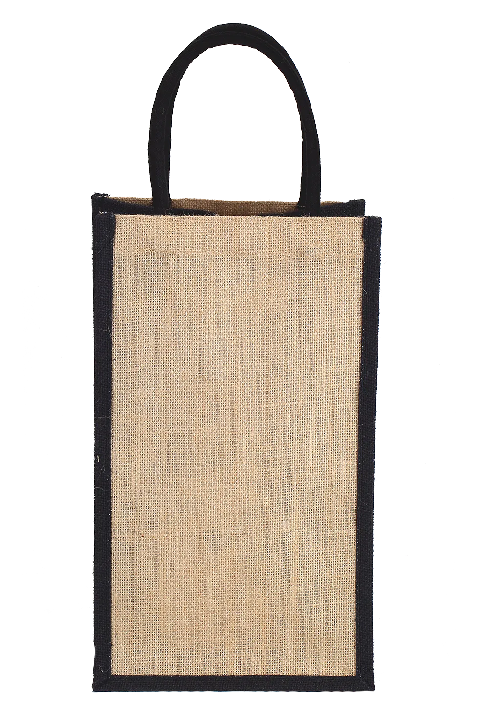 Natural and black colour jute bottle bag with rope handle - (35.5 x 21 x 21 cm)