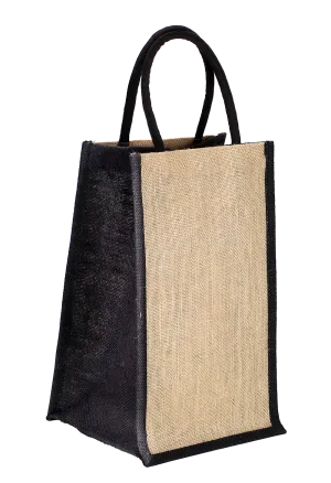 Natural and black colour jute bottle bag with rope handle - (35.5 x 21 x 21 cm)