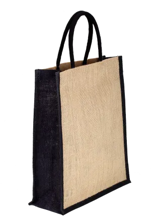 Natural and black colour jute bottle bag with rope handle - (35.5 x 33 x 10 cm )