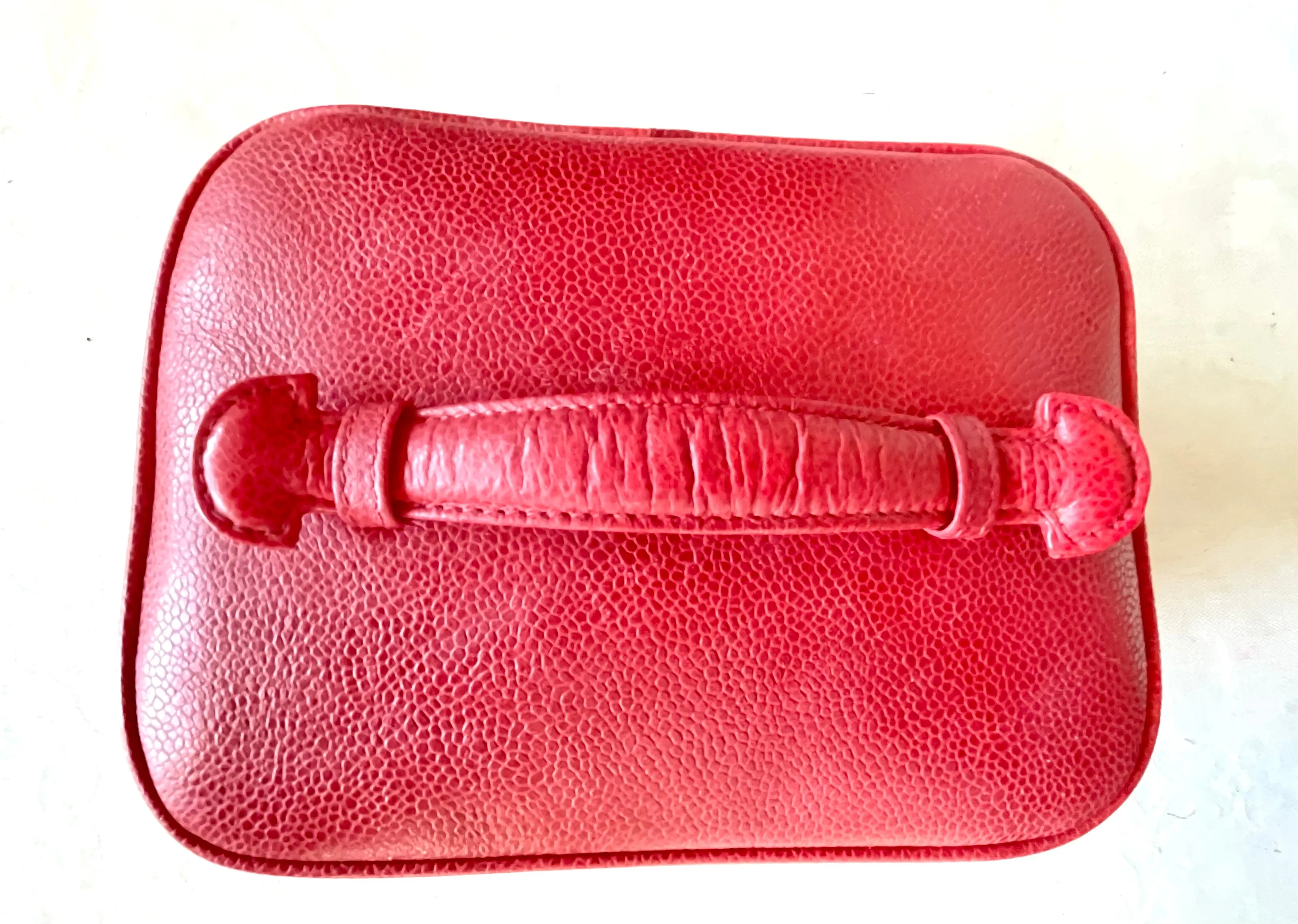 Vintage CHANEL lipstick red caviar leather cosmetic and toiletry pouch, makeup case bag. Very chic vanity purse. Must have. 0411112