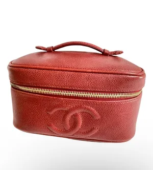 Vintage CHANEL lipstick red caviar leather cosmetic and toiletry pouch, makeup case bag. Very chic vanity purse. Must have. 0411112