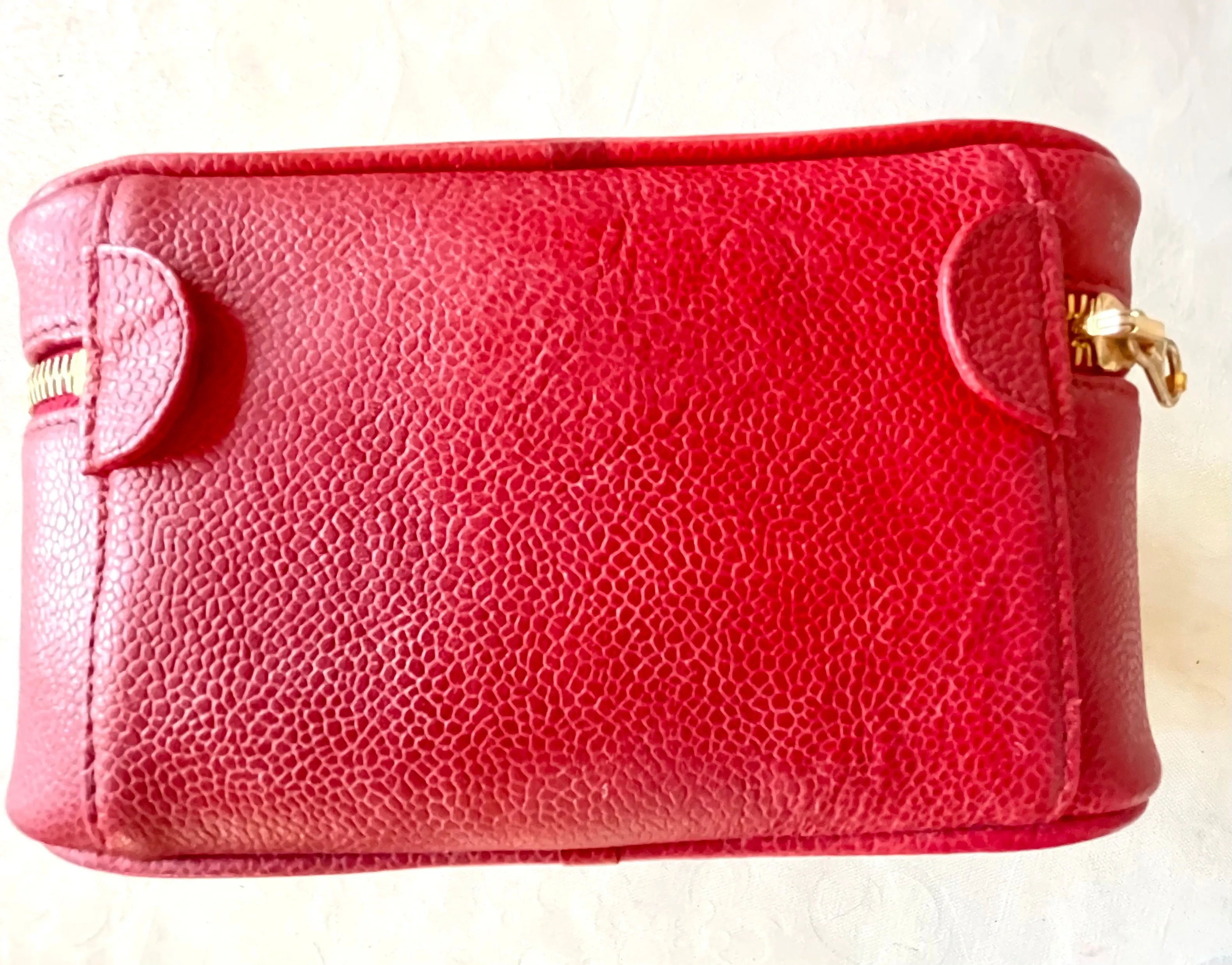 Vintage CHANEL lipstick red caviar leather cosmetic and toiletry pouch, makeup case bag. Very chic vanity purse. Must have. 0411112